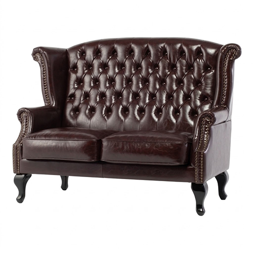 ダークブラウンPUレザーチェスターフィールドウイングバックソファ