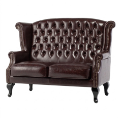 ダークブラウンPUレザーチェスターフィールドウイングバックソファ
