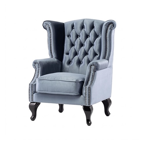 ブルーベルベットチェスターフィールドウイングバックシングルソファ(アームチェア)