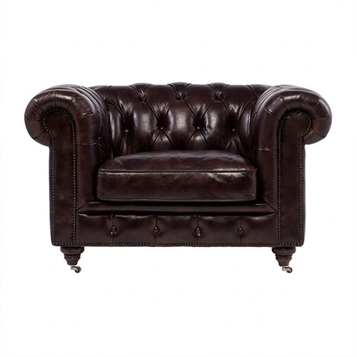 ダークブラウンヴィンテージレザーチェスターフィールドシングルソファ