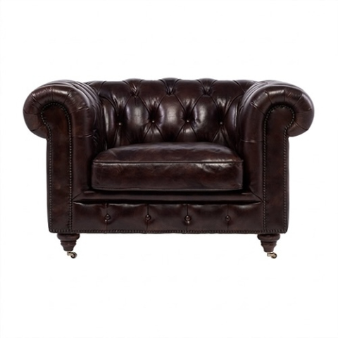 ダークブラウンヴィンテージレザーチェスターフィールドシングルソファ