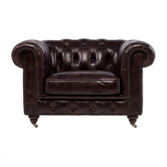 ダークブラウンヴィンテージレザーチェスターフィールドシングルソファ