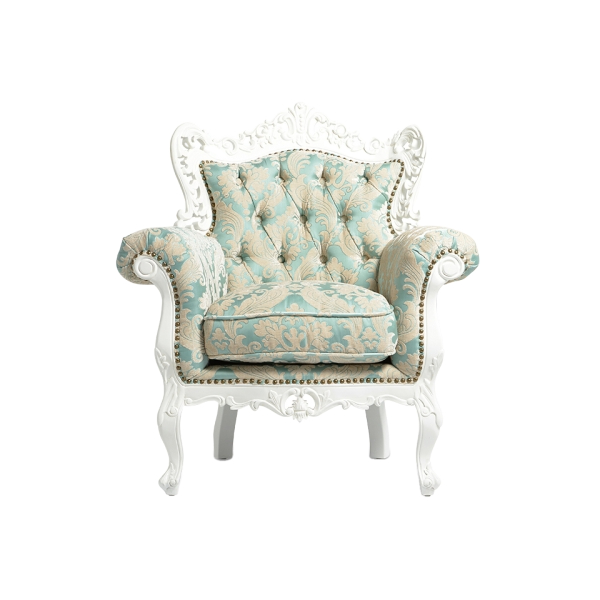 ロココ調シングルソファ　ホワイト x ブルーダマスク柄　Symphony(シンフォニー)