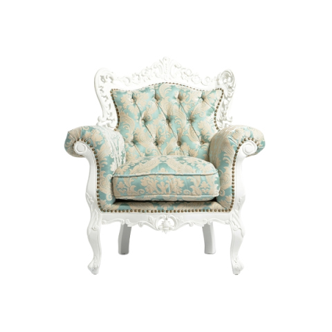 ロココ調シングルソファ　ホワイト x ブルーダマスク柄　Symphony(シンフォニー)