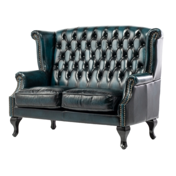 ウォッシュオフブルーレザーチェスターフィールドウイングバックソファ(アームチェア)