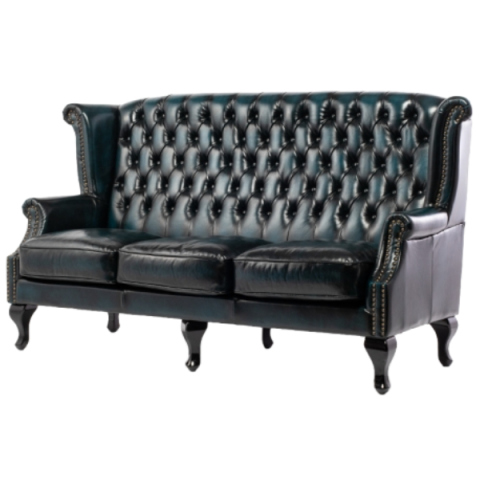 ウォッシュオフブルーレザーチェスターフィールド3シーターウイングバックソファ