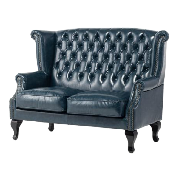 ネイビーPUレザーチェスターフィールドウイングバックソファ