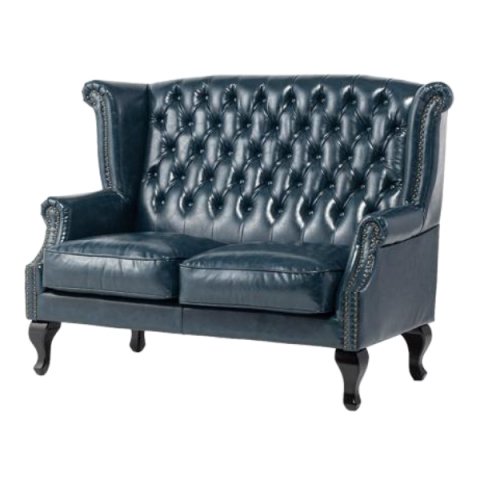 ネイビーPUレザーチェスターフィールドウイングバックソファ