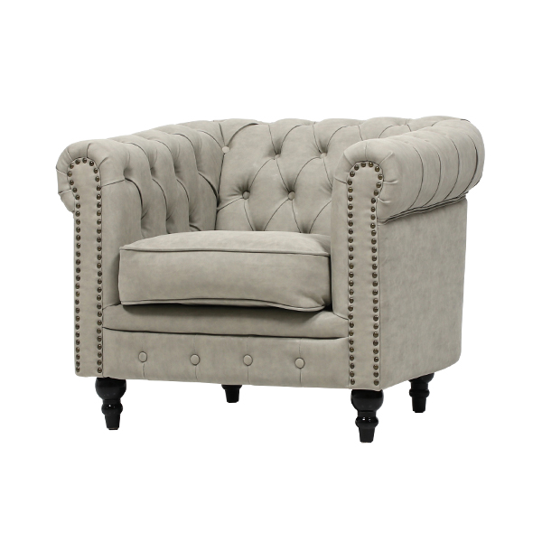 ライトグレーPUレザーコンパクトチェスターフィールドシングルソファ