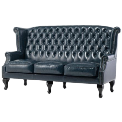 ネイビーPUレザーチェスターフィールド3シーターウイングバックソファ