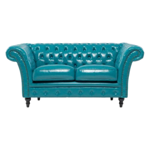 ターコイズブルーPUレザーチェスターフィールド2シーターソファ　VINCENT(ヴィンセント)