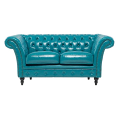 ターコイズブルーPUレザーチェスターフィールド2シーターソファ　VINCENT(ヴィンセント)