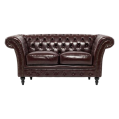 ブラウンPUレザーチェスターフィールド2シーターソファ　VINCENT(ヴィンセント)