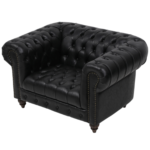 オールドブラックPUレザーチェスターフィールド1.5シーターソファ