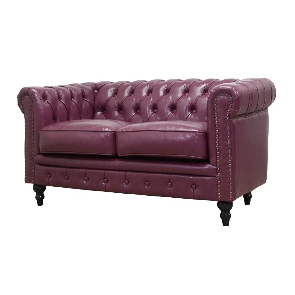 パープルPUレザーコンパクトチェスターフィールド2シーターソファ
