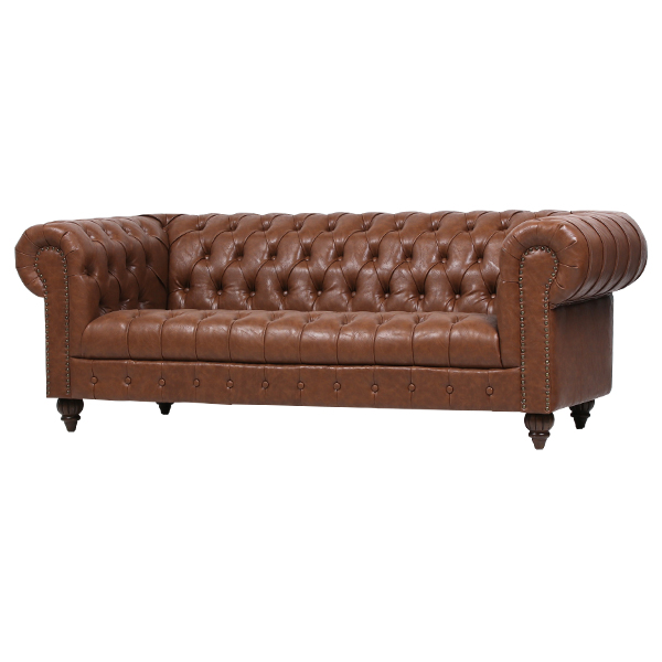 ブラウンPUレザーチェスターフィールド3シーターソファ CLUBMAN(クラブ