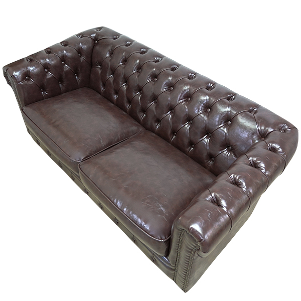 ダークブラウンPUレザーコンパクトチェスターフィールド2.5シーター