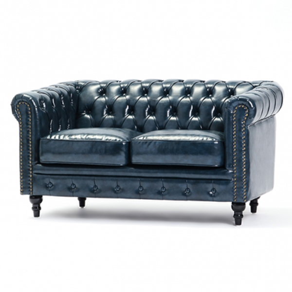 年末大SALE【極美品】VINCENT 2シーターソファ⓶ ネイビーブルーPUレザーコンパクトチェスターフィールド2シーター