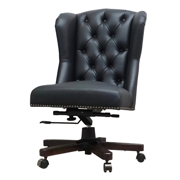 ブラックPUレザーチェスターフィールドウイングバックチェア