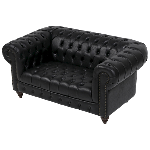 オールドブラックPUレザーチェスターフィールド2シーターソファ