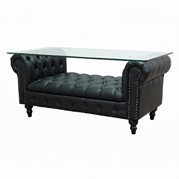 ガラストップチェスターフィールドローテーブル　ブラックPUレザー　VINCENT
