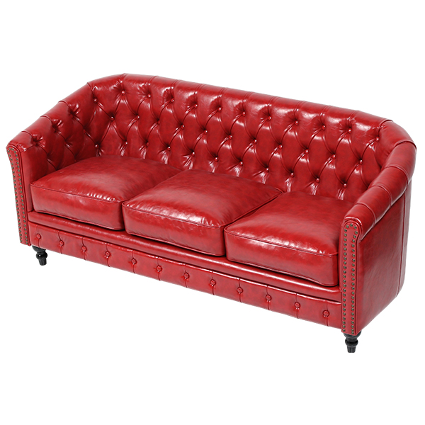 レッドPUレザーコンパクトチェスターフィールドラウンジ3シーター
