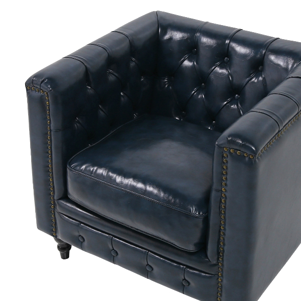 ネイビーPUレザースクエアチェスターフィールドシングルソファ VINCENT