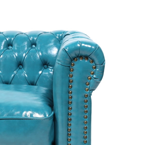 ターコイズブルーPUレザーチェスターフィールドラウンドコーナー5