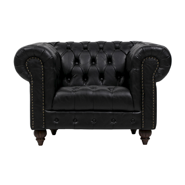 オールドブラックPUレザーチェスターフィールドシングルソファ　CLUBMAN(クラブマン)