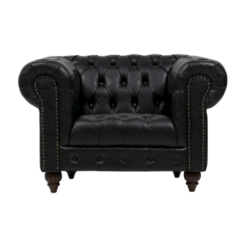 オールドブラックPUレザーチェスターフィールドシングルソファ　CLUBMAN(クラブマン)