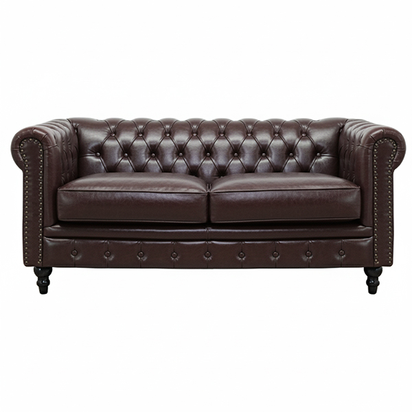 ダークブラウンPUレザーコンパクトチェスターフィールド2.5シーターソファ　VINCENT