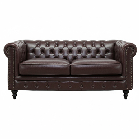 ダークブラウンPUレザーコンパクトチェスターフィールド2.5シーターソファ　VINCENT