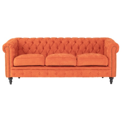 オレンジファブリックコンパクトチェスターフィールド3シーターソファ　VINCENT