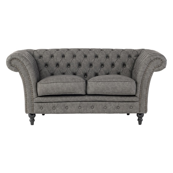 グレーPUレザーチェスターフィールド2シーターソファ　VINCENT(ヴィンセント)