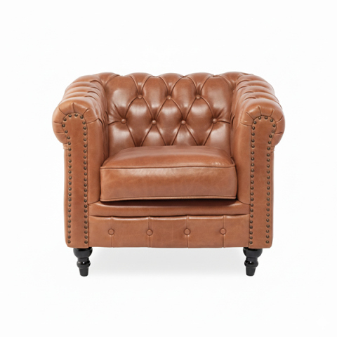 ライトブラウンレザーコンパクトチェスターフィールドシングルソファ　VINCENT