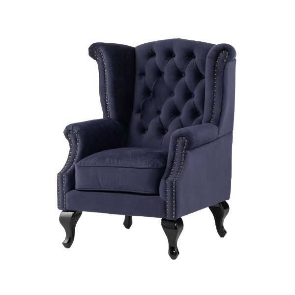 ロイヤルネイビーブルーファブリックチェスターフィールドウイングバックシングルソファ(アームチェア)