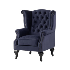 ロイヤルネイビーブルーファブリックチェスターフィールドウイングバックシングルソファ(アームチェア)