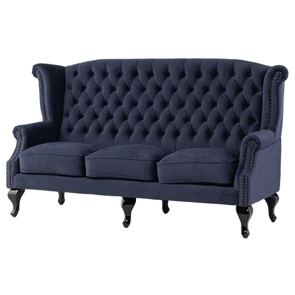 ロイヤルネイビーブルーファブリックチェスターフィールド3シーターウイングバックソファ