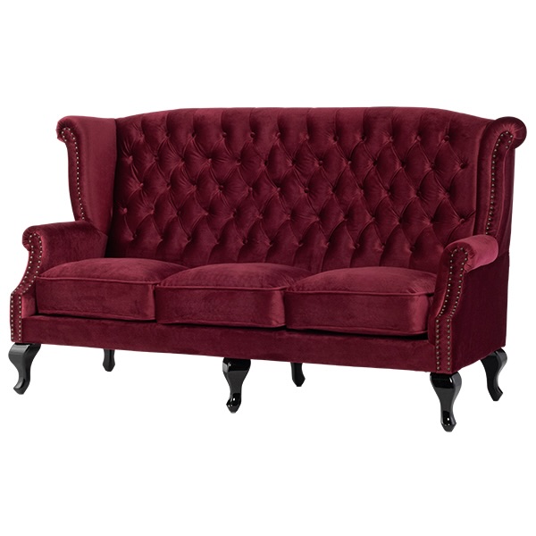 レッドベルベットチェスターフィールド3シーターウイングバックソファ