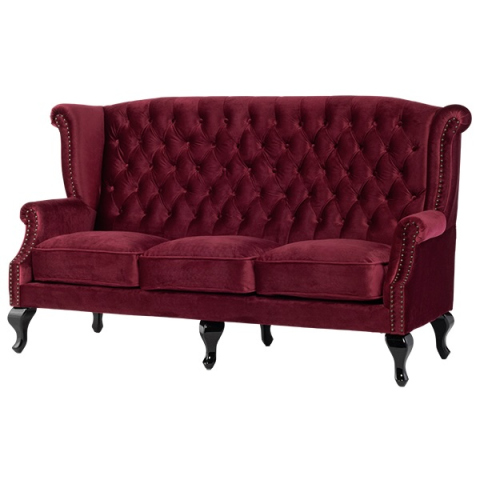 レッドベルベットチェスターフィールド3シーターウイングバックソファ