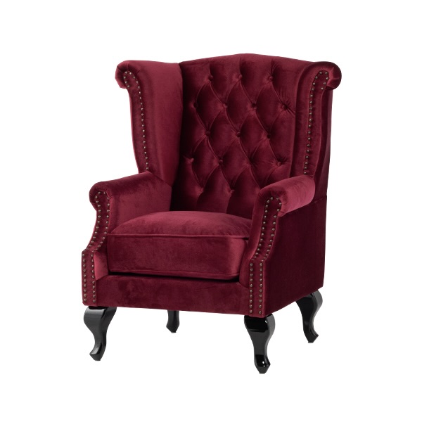 レッドベルベットチェスターフィールドウイングバックシングルソファ(アームチェア)