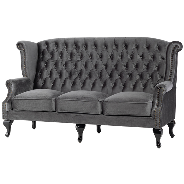 グレーベルベットチェスターフィールド3シーターウイングバックソファ