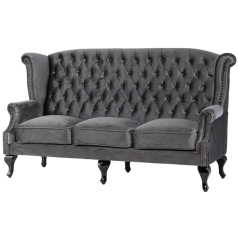 グレーベルベットチェスターフィールド3シーターウイングバックソファ