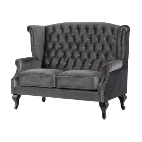 グレーベルベットチェスターフィールドウイングバックソファ