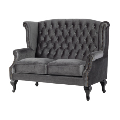 グレーベルベットチェスターフィールドウイングバックソファ