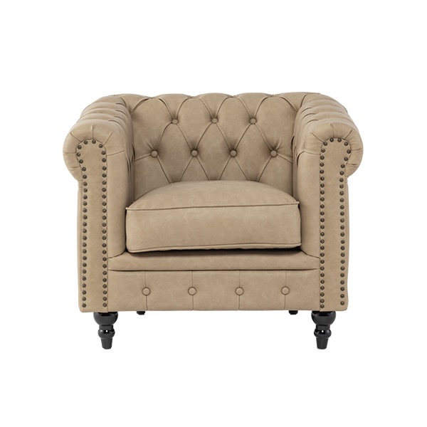 ベージュPUレザーコンパクトチェスターフィールドシングルソファ　VINCENT