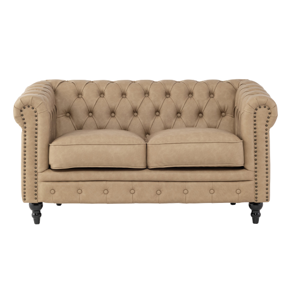 ベージュ PUレザーコンパクトチェスターフィールド2シーターソファ　VINCENT