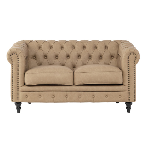 ベージュ PUレザーコンパクトチェスターフィールド2シーターソファ　VINCENT