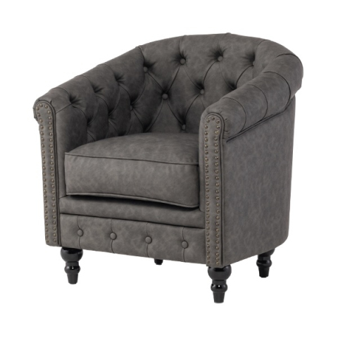 グレーPUレザーチェスターフィールドラウンジシングルソファ　VINCENT