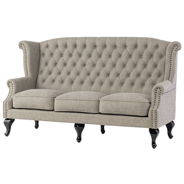 ライトグレーPUレザーチェスターフィールド3シーターウイングバックソファ